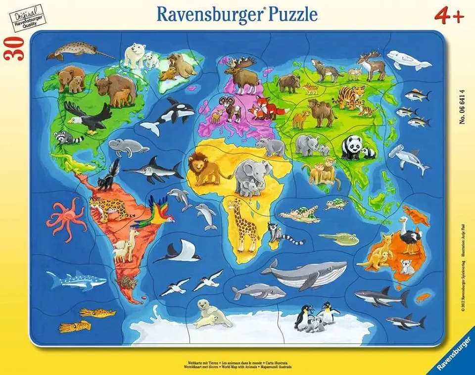 Ravensburger Puzzle Weltkarte mit Tieren - 30 Teile Puzzle ab 4 Jahre
