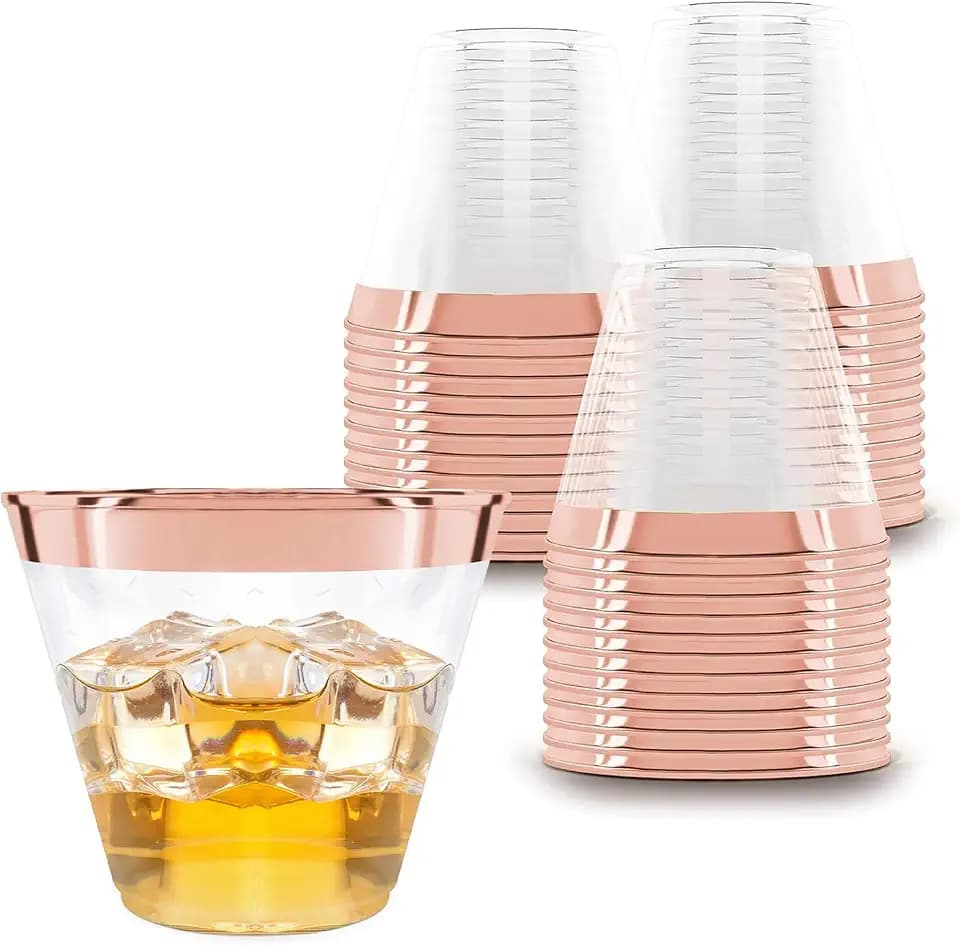 Prestee 100 Rose Gold Plastic Cups - Rose Gold Plastic Cups 9 oz - Party Decorations - Disposable Wine Cup - Clear Cup - Bulk Party Wine Glasses