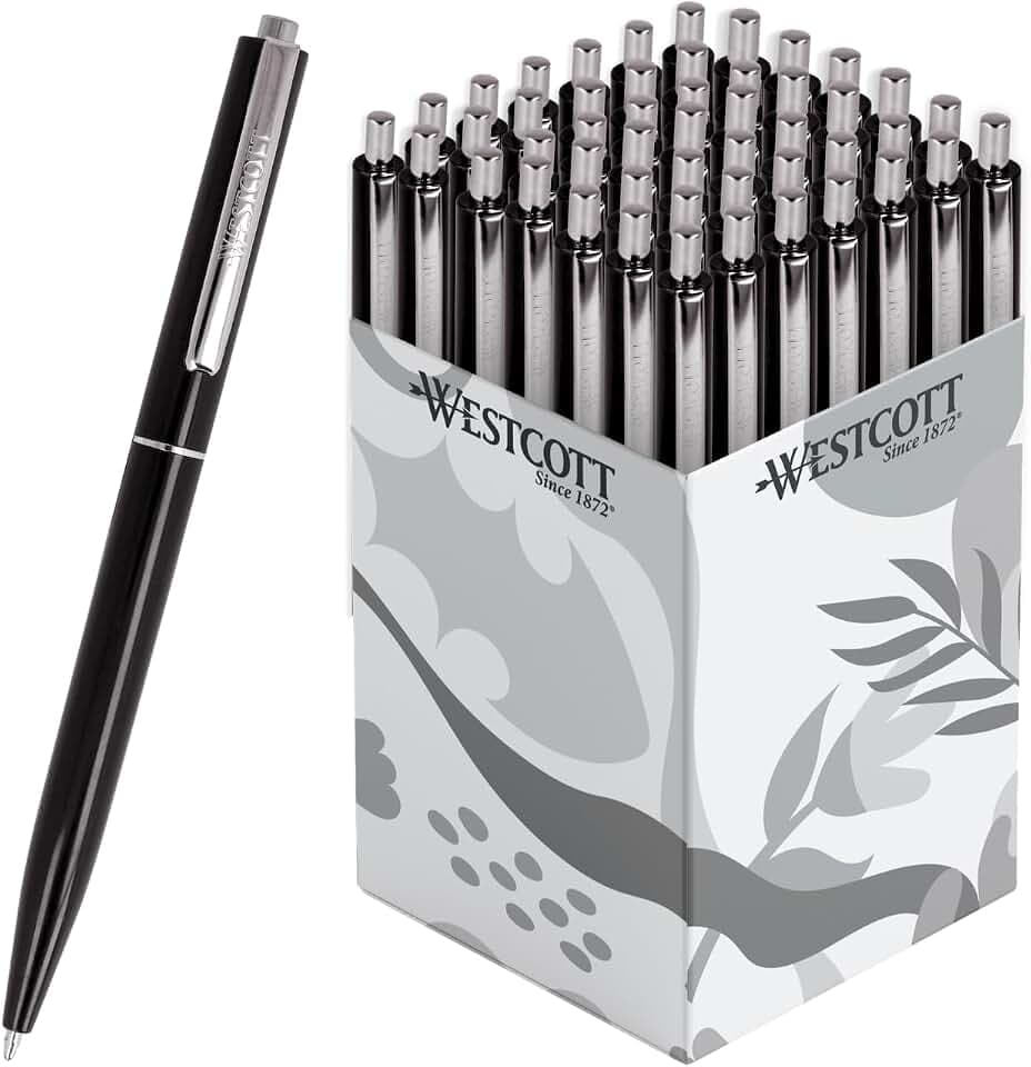 Westcott Kugelschreiber ALLTIME Schwarz 50 Stück | Vorteilspack Druckkugelschreiber mit schwarzer Tinte | Strichstärke M X20 Standardmine | Dokumentenecht ISO 12757-2 | Metallclip | E-737470 00