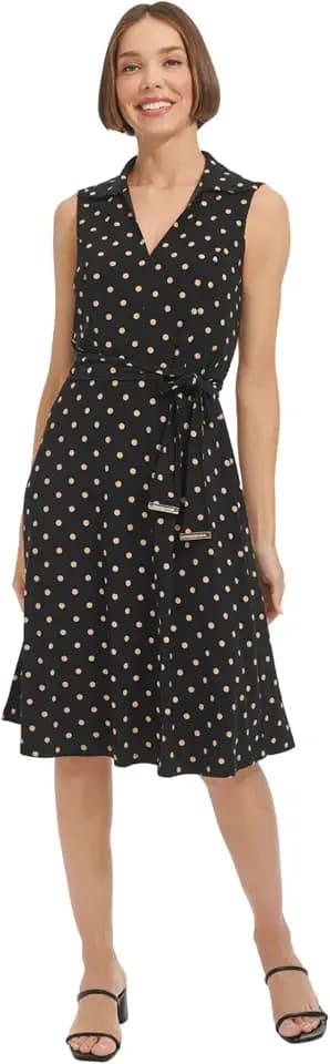 Tommy Hilfiger Women's Sleeveless Johnny Collar Dot Print Jersey Dress