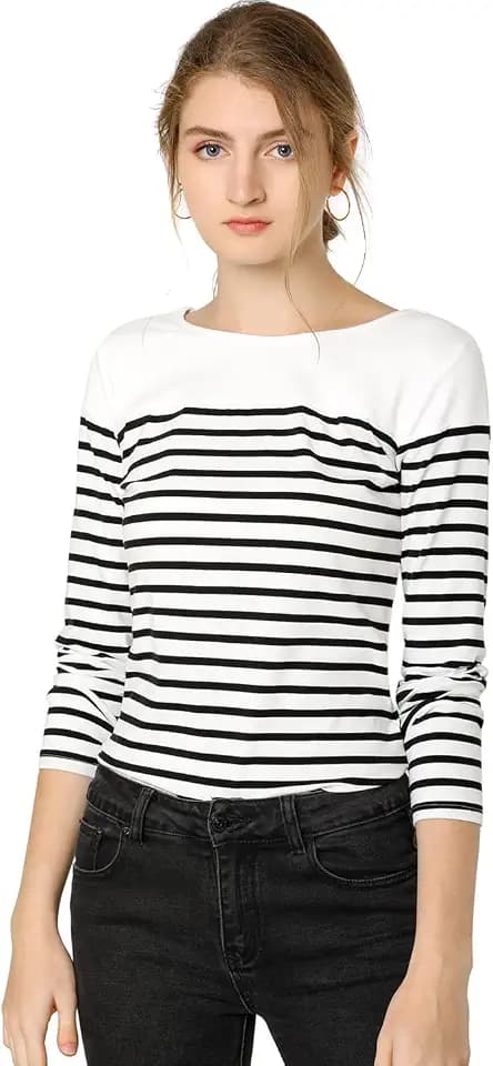 Allegra K Women's Striped Shirts Long Sleeve Round Neck Trendy Casual Top
