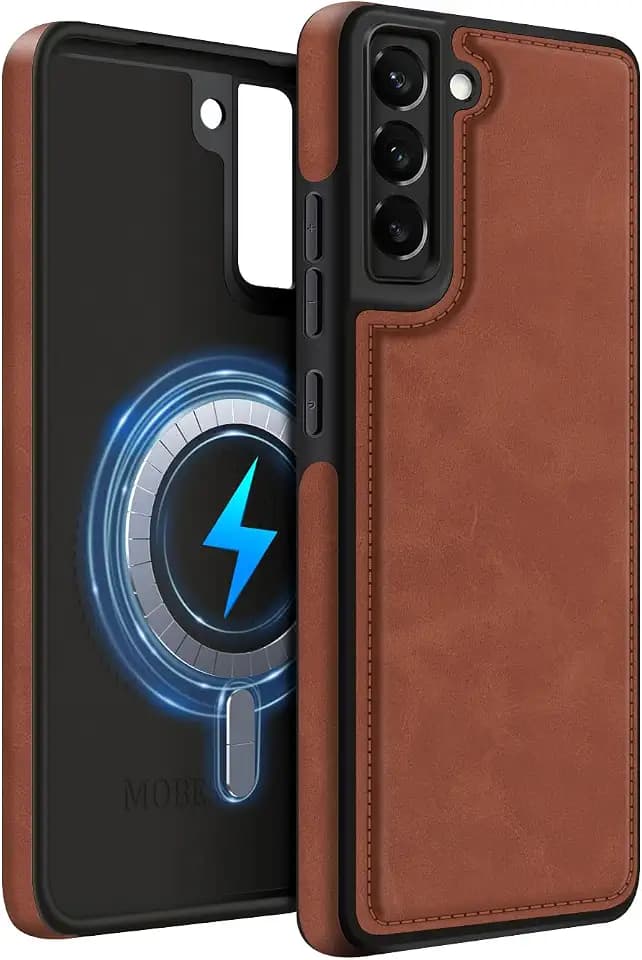 MOBESV Lederhülle für Samsung Galaxy S22 6,1 Zoll, Magnetisch Handyhülle kompatibel mit MagSafe/Kabelloses Ladepad, Dünn Klassische Elegant Hülle, Braun