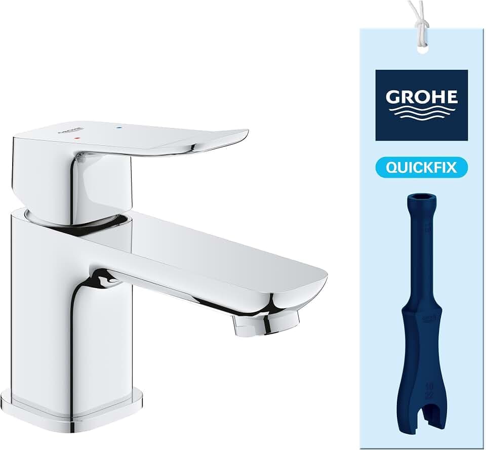 GROHE Dice, Waschtischarmatur klein, wassersparend (Wasserhahn für das Bad, Badarmatur mit Zugstangen-Ablauf, 12cm hoch, mit 3in1 Werkzeug, einfache Installation am Waschbecken), chrom, 1018550000