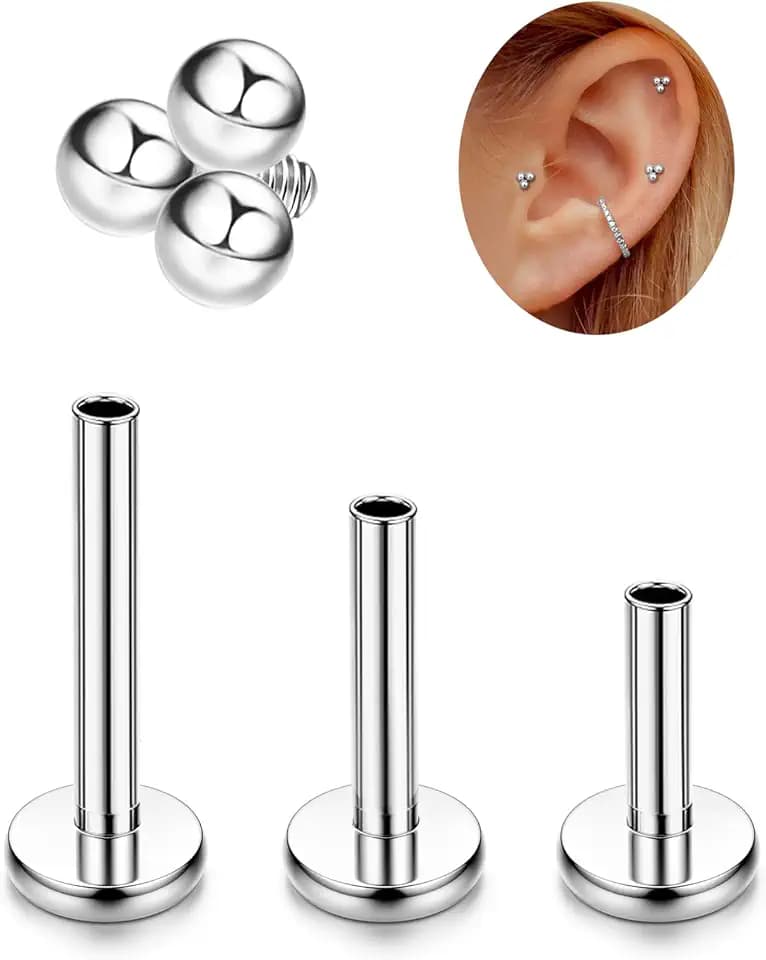 LOLIAS 16G G23 Titanium Tragus Conch Helix Piercing Jewelry 6mm 8mm 10mm - Internally Threaded Flat Back Stud Cartilage Earrings Hypoallergenic Forward Earlobe Labret Tragus Piercing Jewelry