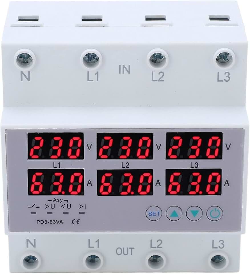 3-Phasen-DIN-Schienen-Voltmeter-Amperemeter-Multitester, AC 390‑500 V Automatischer Überspannungs-Überstromschutz(63A)