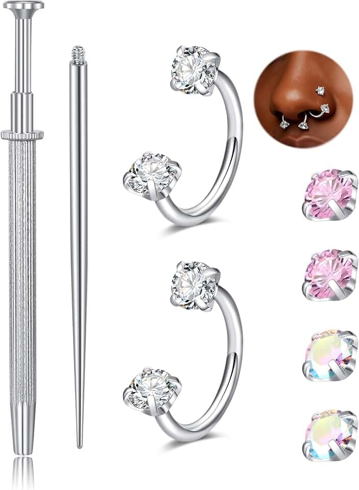QWALIT 18g 20g Nose Stud 18g Surgical Stainless Steel Silver Gold Horseshoe Nose Ring for Women Hypoallergenic Double Stud Gem 18gauge Corkscrew Nostril Piercing Jewelry for Men Trendy