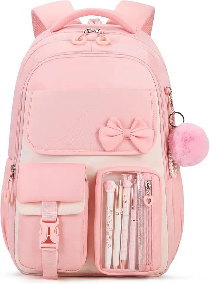 Girls Backpack, School Backpack for Girls, Cute Bow Kids Bookbag for Grils Children Teens for Elementary Middle High School Student, Pink