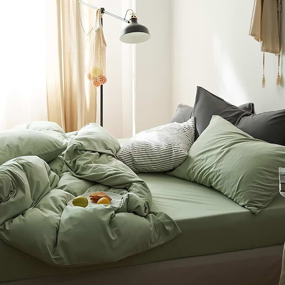 AShanlan Bettwäsche 200x200 3teilig Salbeigrün 1 Bettbezug 200 x 200 cm + 2 Kissenbezug 80x80 cm ÖKO-TEX Grün Mikrofaser Duvet Cover Bettwäsche-Sets mit Reißverschluss