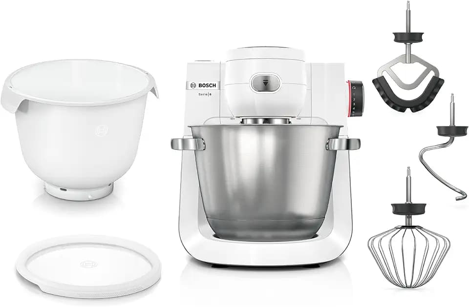 Bosch Küchenmaschine Serie 6, 2 Schüsseln 5,5 l (Edelstahl, Kunststoff), 7 Stufen, Planetenrührwerk, Knethaken/Rühr-/Silikonbesen spülmaschinenfest, weiß, MUMS6EW18