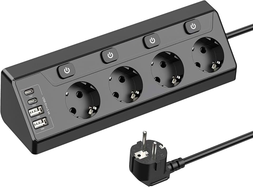 Ecksteckdose 4-Fach Einzeln Schaltbar mit 4 USB, 2m Kabel, Schwarz