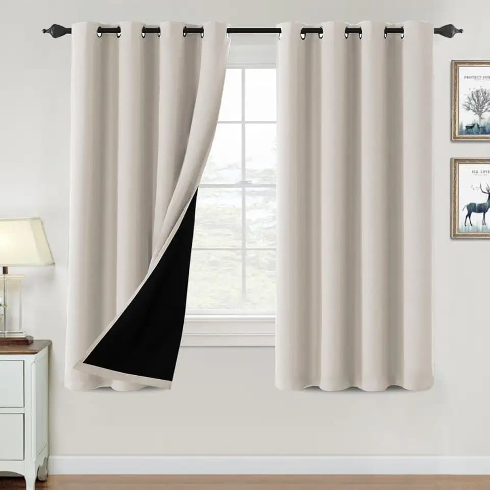H.VERSAILTEX 100% Blackout Curtains for Bedroom Thermal Insulated Blackout Curtains 63 inch Length Heat and Full Light Blocking Curtains for Living Room with Black Liner 2 Panels Set, Fog