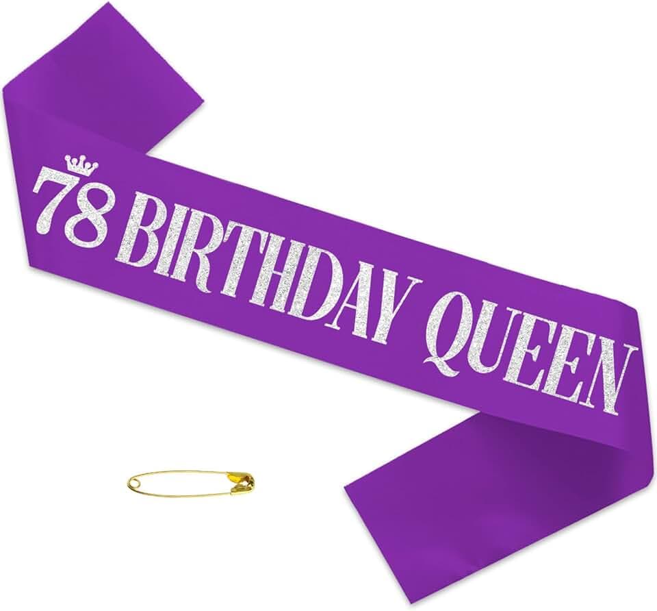 78 Birthday Queen Sash for Women Party Favors Purple Silver