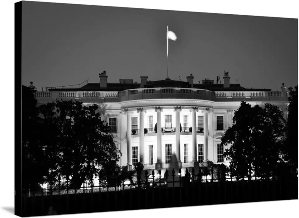 ART.COM Stretched Canvas Print The White House At Night - Washington Dc, United States - Black And White by Orhan, 36" x 24"