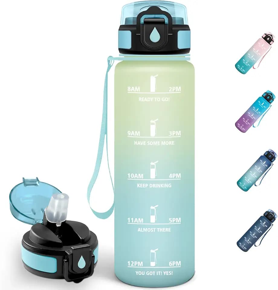 Trinkflasche 1L, Zeitanreiz, Trinkflasche BPA-Frei, Wasserflasche Kohlensäure Geeignet, Wasserflasche mit Strohhalm, Auslaufsicher, Flasche für Joggen, Picknick, Autofahrt
