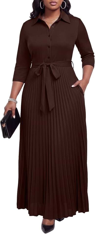 Runwind Womens Maxi Dress 3/4 Sleeve Button Down Pleated Church Work Dress