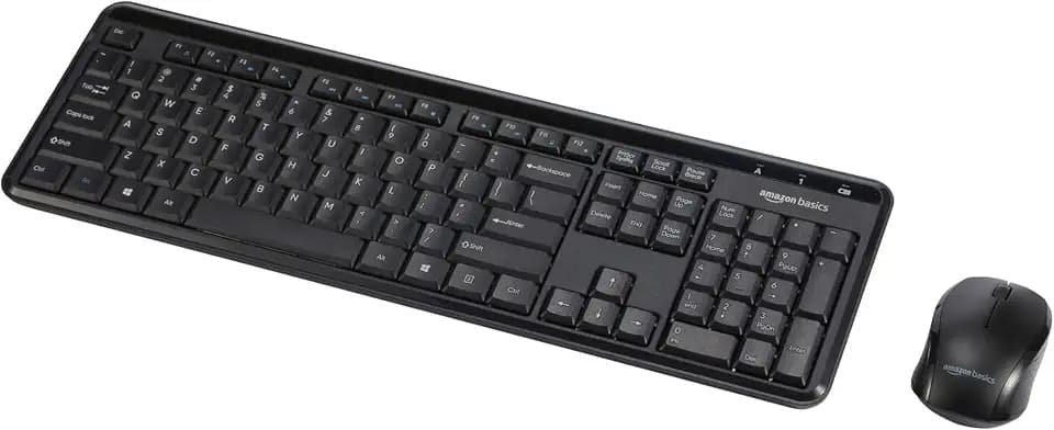Amazon Basics 2.4GHz Wireless Keyboard and Mouse Combo Set, Quiet and Compact US Layout, Plug and Play, Unifying USB Receiver, Black