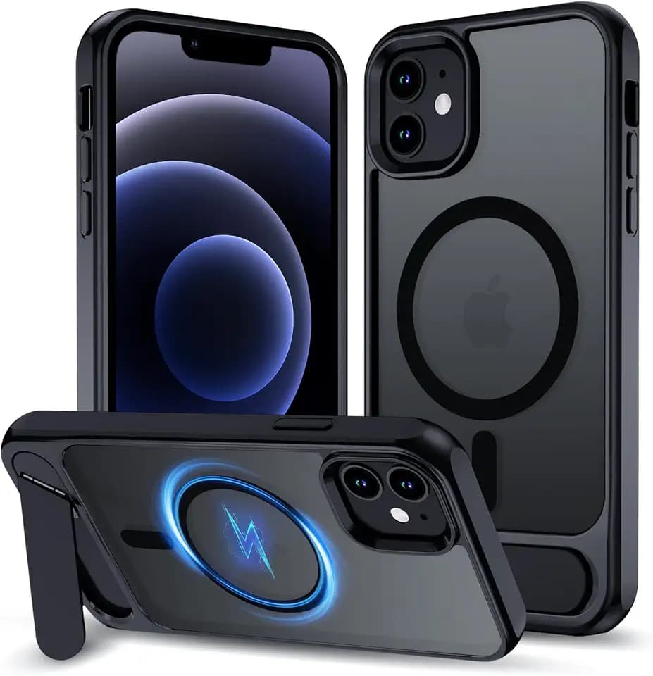 XTCASE für iPhone 12/12 Pro Hülle Magnetisch kompatibel mit Magsafe, Matt Transluzente Handy Hülle mit Aluminium-Ständer Militärschutz Stoßfest Handyhülle Kratzfest Hardcase, Schwarz