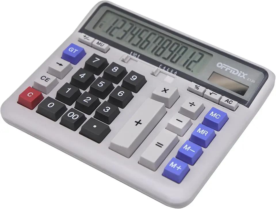 OFFIDIX Büro-Tischrechner, solarbetriebener und batteriebetriebener elektronischer Taschenrechner, 12-stelliger Taschenrechner mit großem LCD-Display, tragbarer Taschenrechner (weiß)