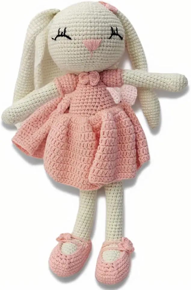 Knitted Stuffed Animal for Baby, Lop Eared Rabbit, Pink Dress Crochet Rabbit Baby Toys, Rattle Bunny Toy for 3 4 5 Year Old Girl(10.6 Inches)