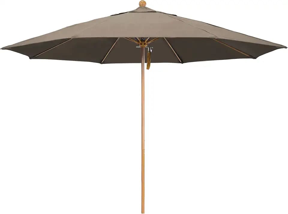 California Umbrella 11Ft Commercial Grade Sunbrella Fabric Market Umbrella, Pulley Lift, Aluminum/Fiberglass, 2mm pole wall, Teak Woodgrain Frame, Taupe Fabric