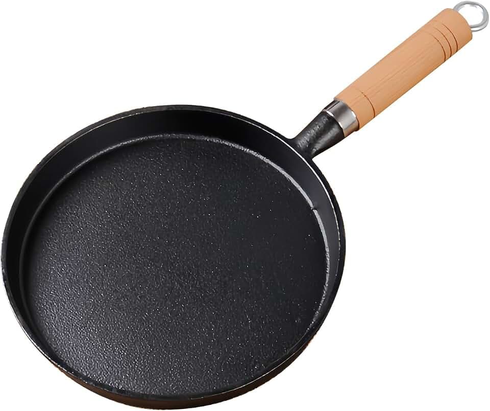 Gusseisenpfan Nepfanne Induktion Cast Iron Pan 20 cm Tragbar Runde Pfanne mit Holzgriff Stur Pfanne Gusseisen Grillpfanne Grillzubehör für Gasgrill Feuer für Spiegeleier kleines Steak