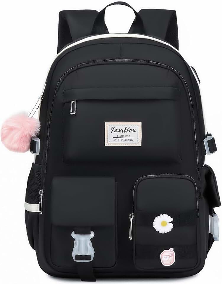 YAMTION School Backpack for Teen Girls,15.6in Laptop Backpack Kids Bookbag for Middle School College Students,Cute School Bag for Women,Black