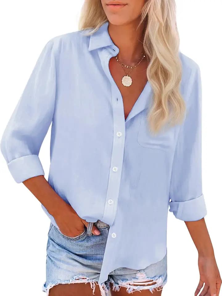 Womens Button Down Shirts Cotton Dress Shirts Oxford Shirts Long Sleeve Work Blouses Collared Tops Tunics with Pocket-All Blue XS