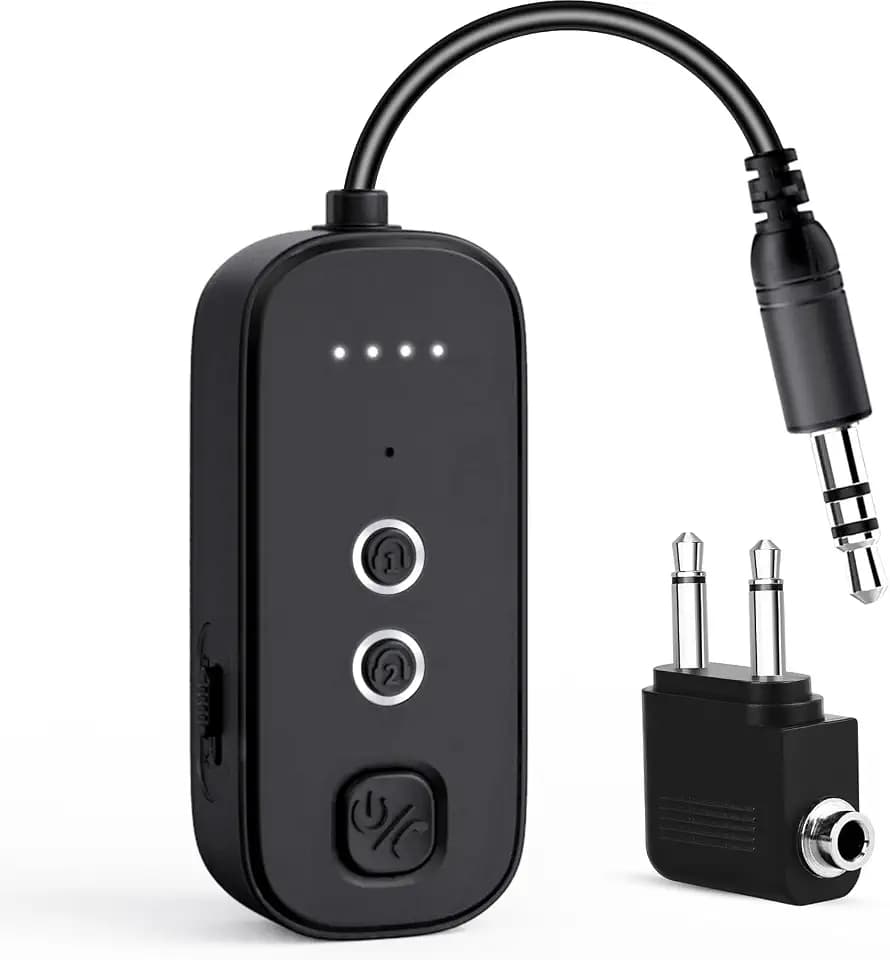 Bluetooth Transmitter Receiver with Airplane Adapter: Wireless Audio Transmitter for 2 AirPods/Headphones - 20+ Hr Battery Works USB Charging with 3.5mm Jack AUX for Flight,Gym,Car,TV,Tablet,Travel