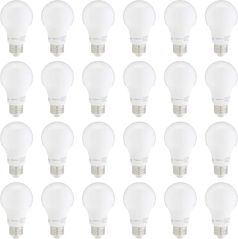 Amazon Basics A19 LED Light Bulbs, 60W Equivalent, Daylight White 5000K, Non-Dimmable, E26 Base, 10,000 Hour Lifetime, 24-Pack