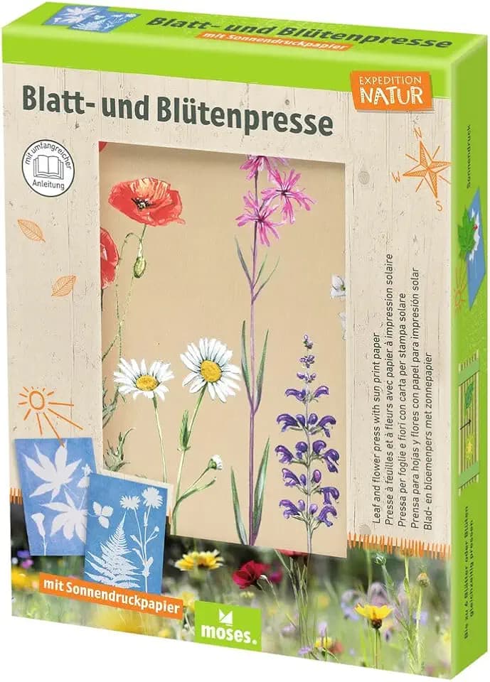 moses. Expedition Natur Blatt- und Blütenpresse mit Sonnendruckpapier, Blumenpresse für Kinder, Pflanzenpresse aus Holz zum Konservieren von Blüten und Blättern, mit 2 Klettverschlussschlaufen