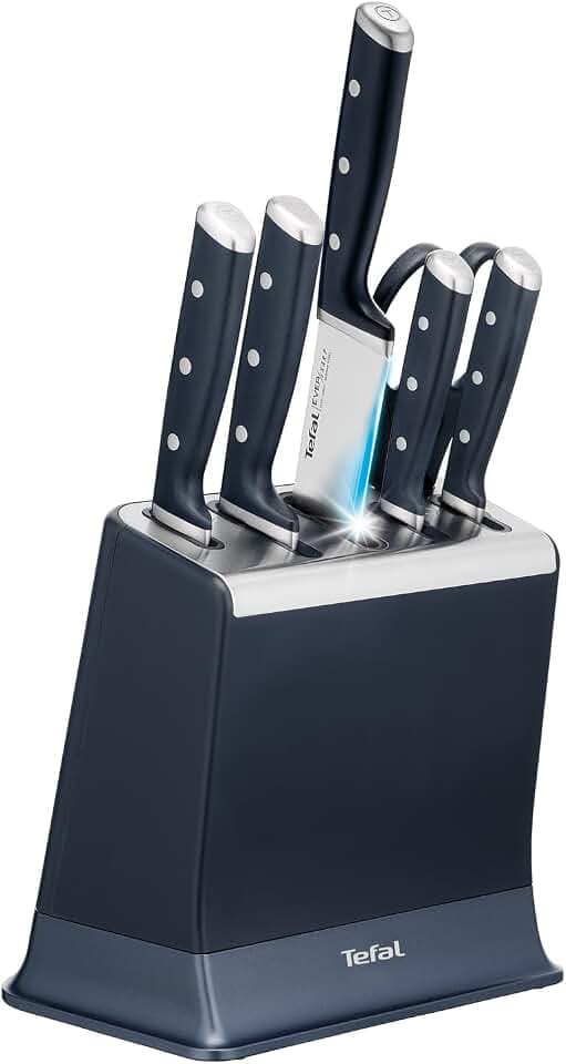Tefal EverSharp Pro 6-teiliger Messerblock, patentierte Schärftechnologie, selbstschärfend, Verriegelungssystem, deutscher rostfreier Edelstahl, für Gemüse, Fleisch & Brot, Blau, K297S744
