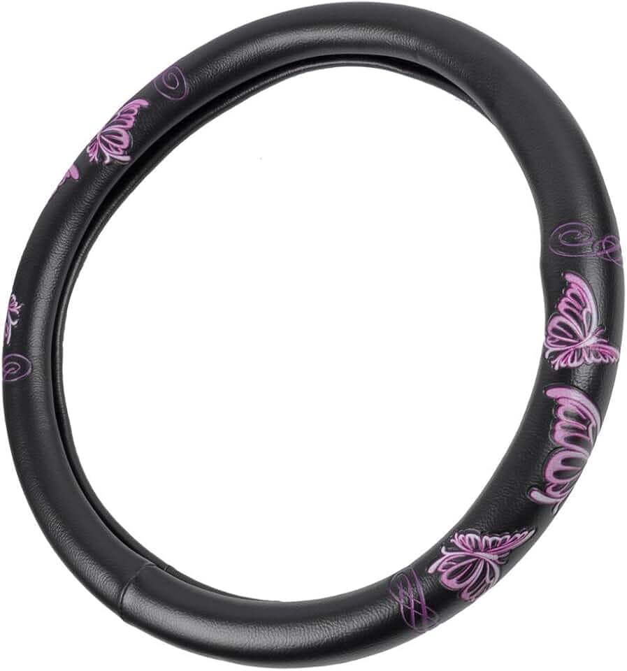 BDK Design Comfort Grip Steering Wheel Cover for Car SUV Van and Truck, 15 inch Standard Size, Pink Butterflies