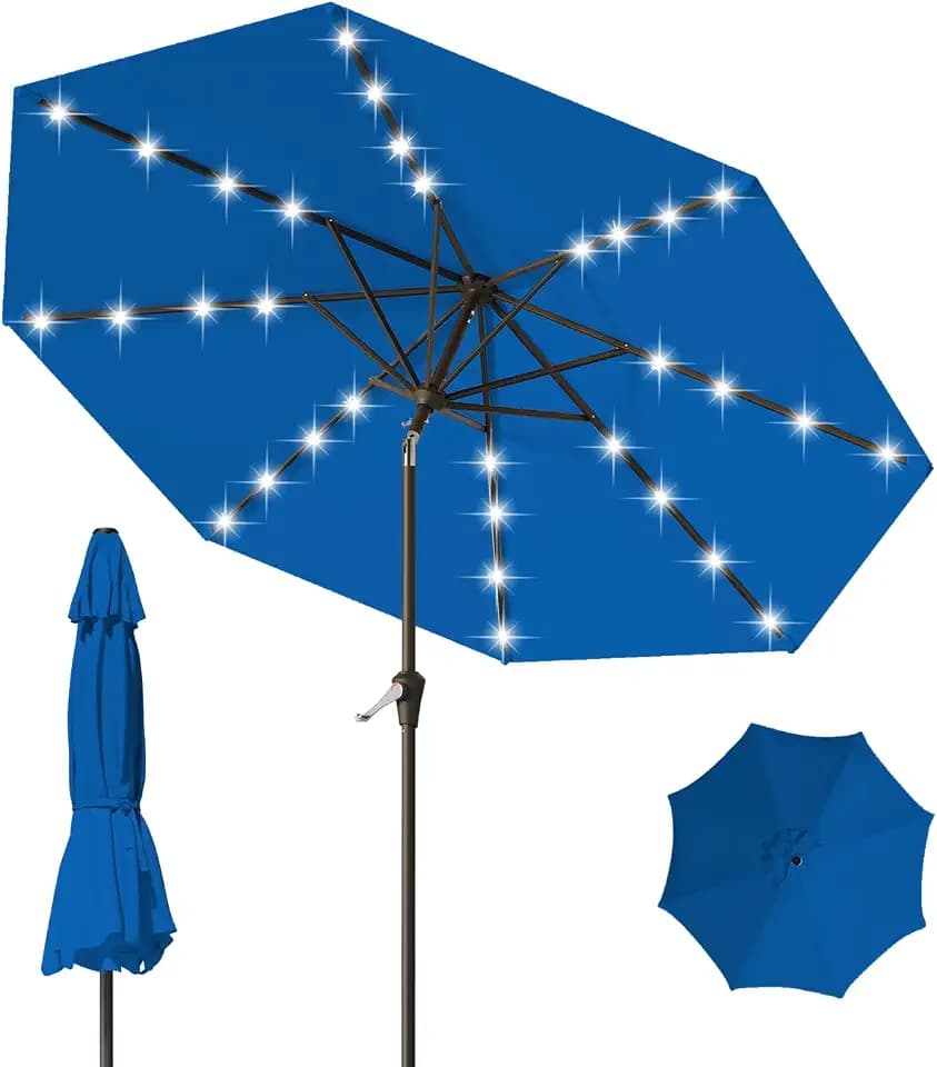 9FT Patio Umbrella with Solar Lights,Outdoor Market Umbrella with Tilt and Crank, LED Lighted Table Umbrella for Garden,Deck,Backyard,Pool,Beach