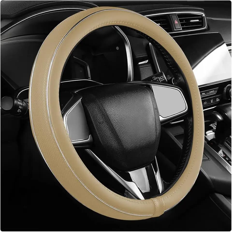 Yourkar Leather Steering Wheel Cover, Breathable Anti-Slip Car Steering Wheel Protector for Max Diameter 15 Inch, Universal Auto Steering Wheel Cover for Men and Women (Beige)