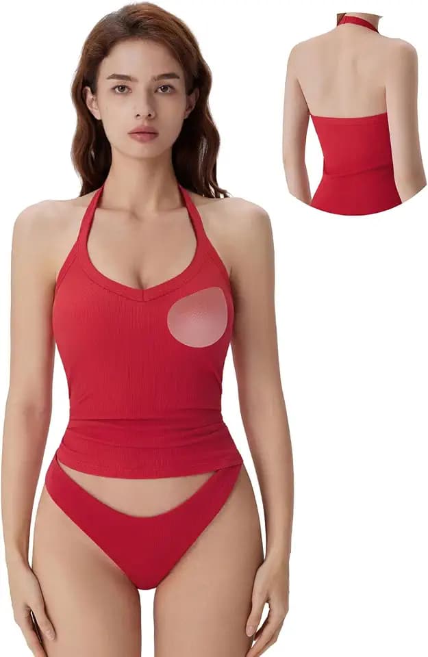 SUUKSESS Women Halter Top with Built in Bra Padded Ribbed V Neck Tank Tops