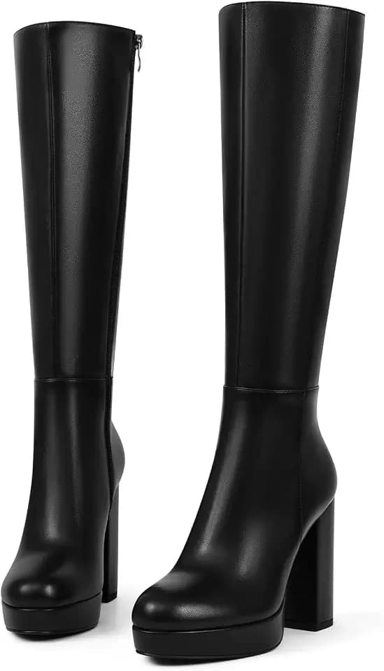 Women's Platform Knee High Boots Chunky Heel Side Zipper