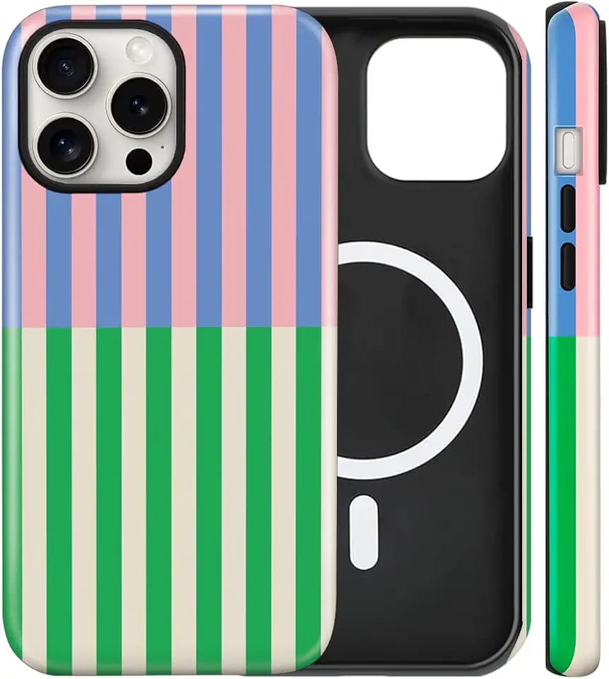 Magnetic for iPhone 15 Case Cute Stripes Phone Case, Blue&Green