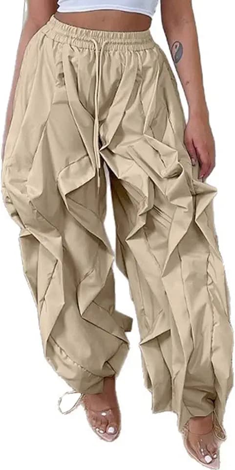 Women Casual Baggy Cargo Pants Trendy High Waisted Ruffle Patchwork Long Trousers with Drawstring