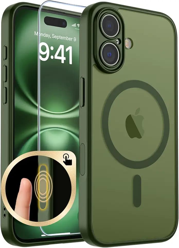 SUPFINE Magnetic for iPhone 16 Case with Camera Control Button,[Full Camera Protection][1+Tempered Glass Screen Protector] Slim Translucent Matte Shockproof Phone Cover,Cangling Green