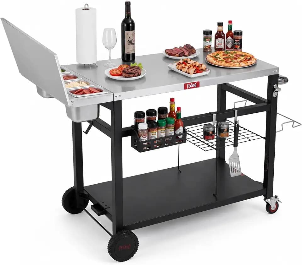 Feasto Outdoor Pizza Oven Table with Topping Station & Stainless Steel Top