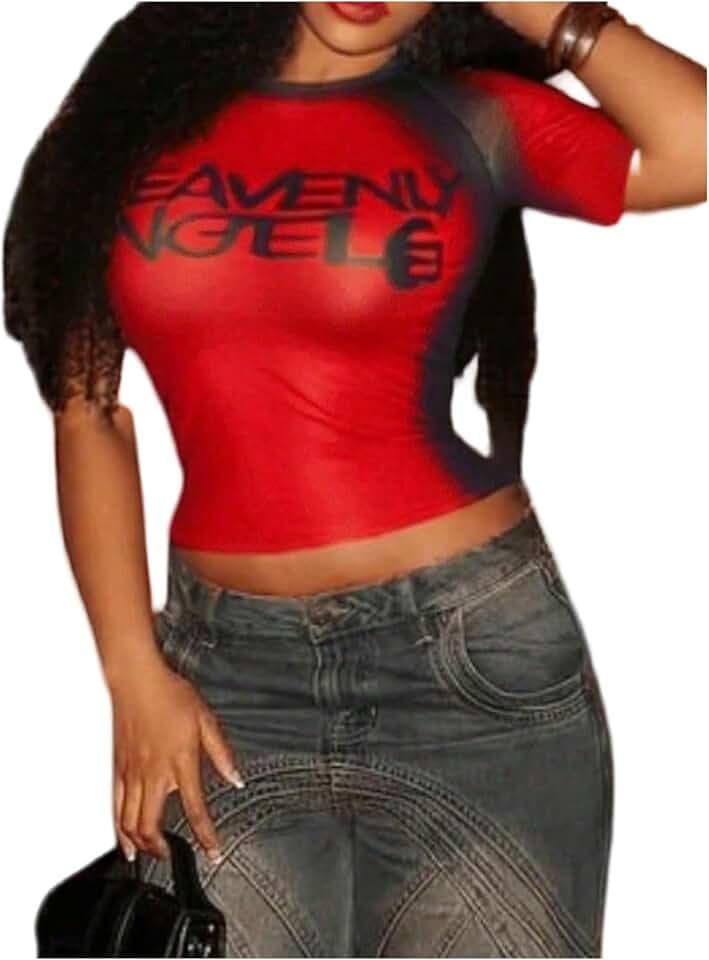 GORGLITTER Women's Sheer Mesh Short Sleeve Tops Y2K Country Concert Shirts