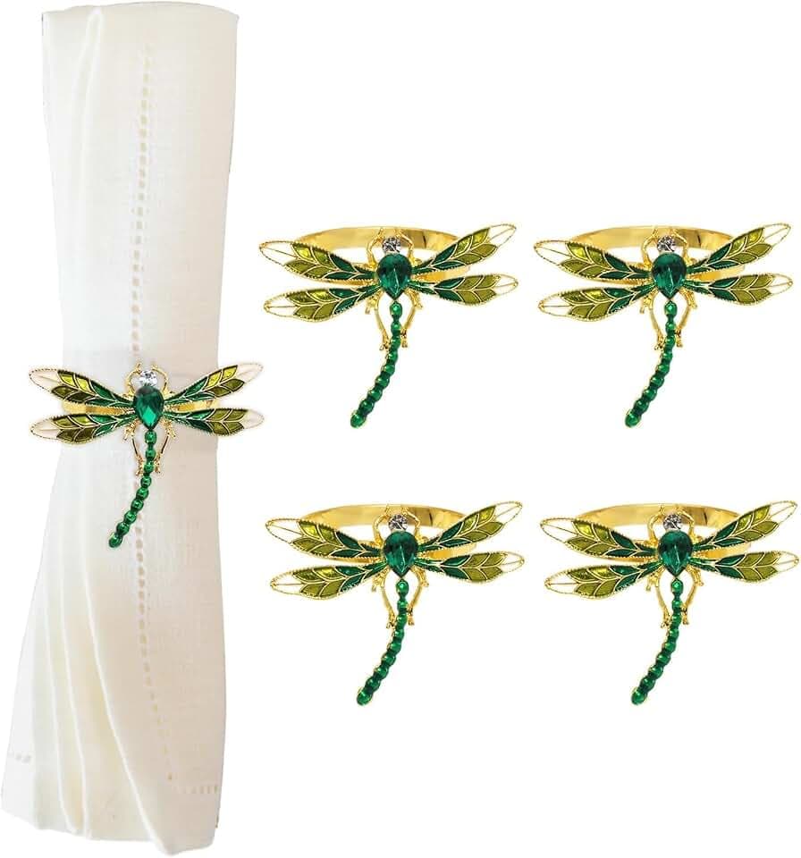 Dragonfly Napkin Rings Set of 4,Green Dragonfly Napkin Holders Gold Metal Napkin Buckle Bulk for Thanksgiving,Christmas, Family Gather, Table Decoration Rings