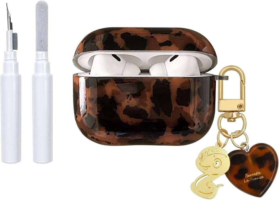 inewateri Compatible for AirPods 4/5 Case with Cleaner Kit Cute Black Brown Leopard Cool Amber Tortoise Aesthetics Design Shockproof Love Keychain Cover for Girls Woman for Airpods 4/AirPods 5-Black