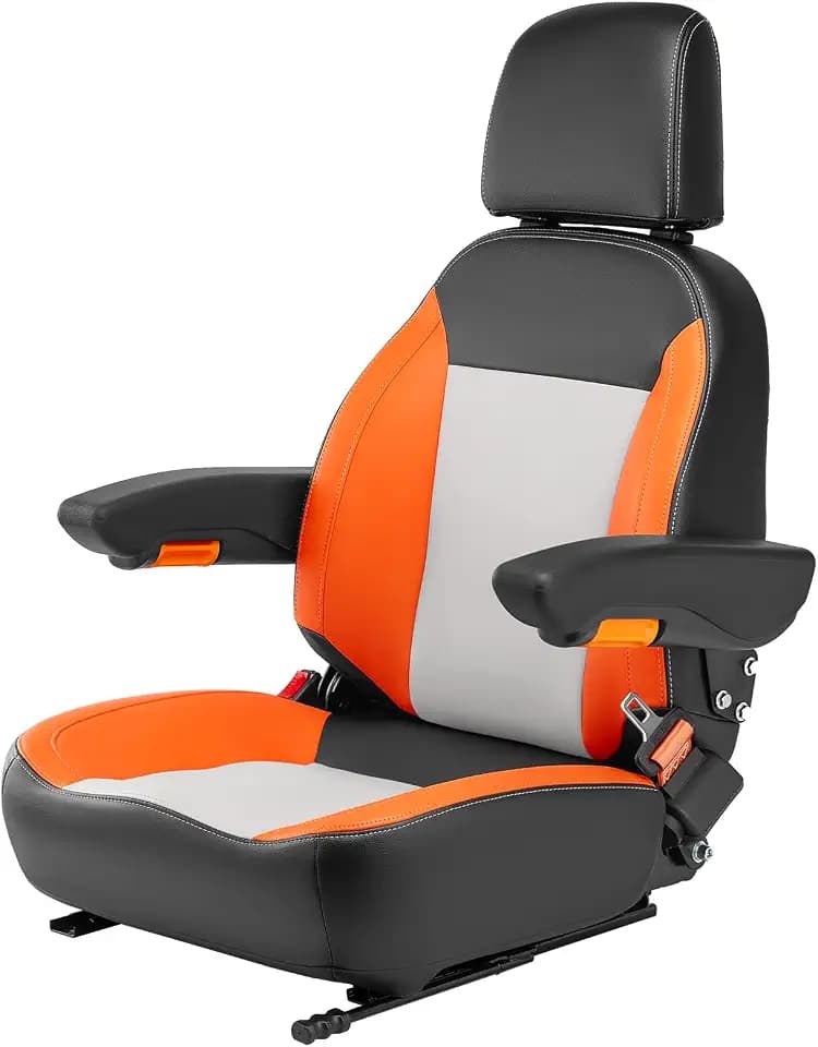 Universal Tractor Seat, Comfortable Zero Turn Mower Seat with Adjustable Safety Belt Armrest Micro Switch for Forklift Skid Steer Loader Telehandler Dozer Excavator (orange/Black/gray)