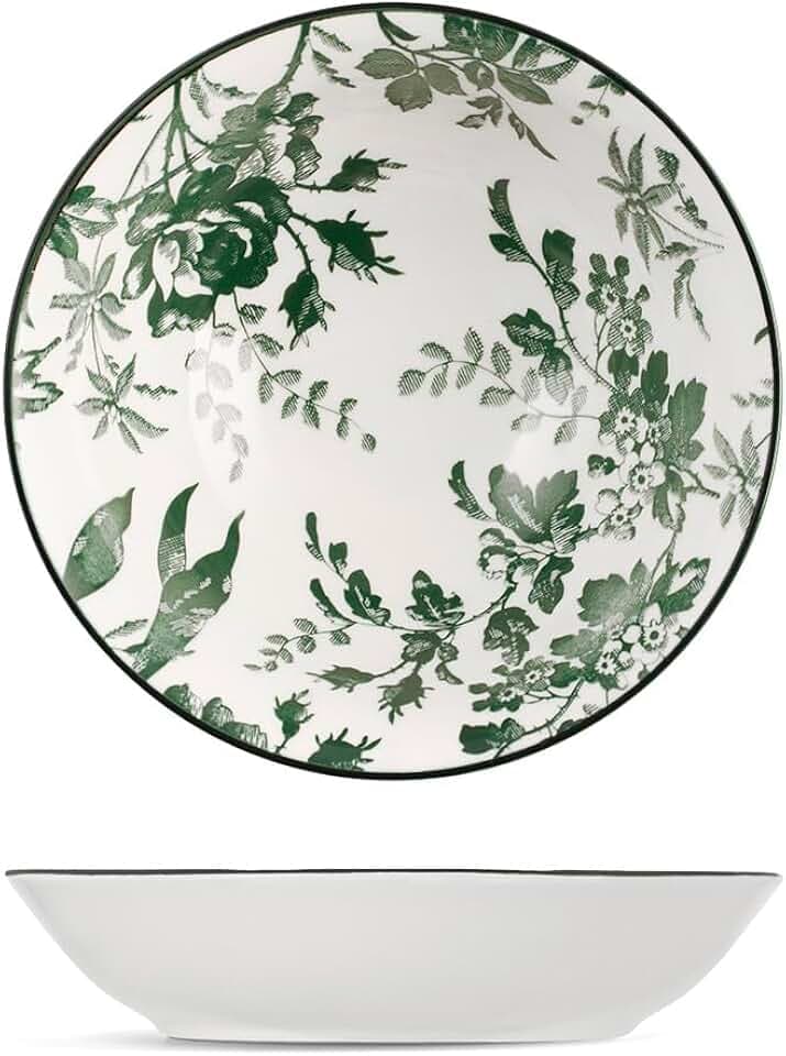H&H Set mit 6 Suppentellern Margaret aus Porzellan, 20 cm, grüne Dekoration, elegant und funktional, spülmaschinen- und mikrowellengeeignet