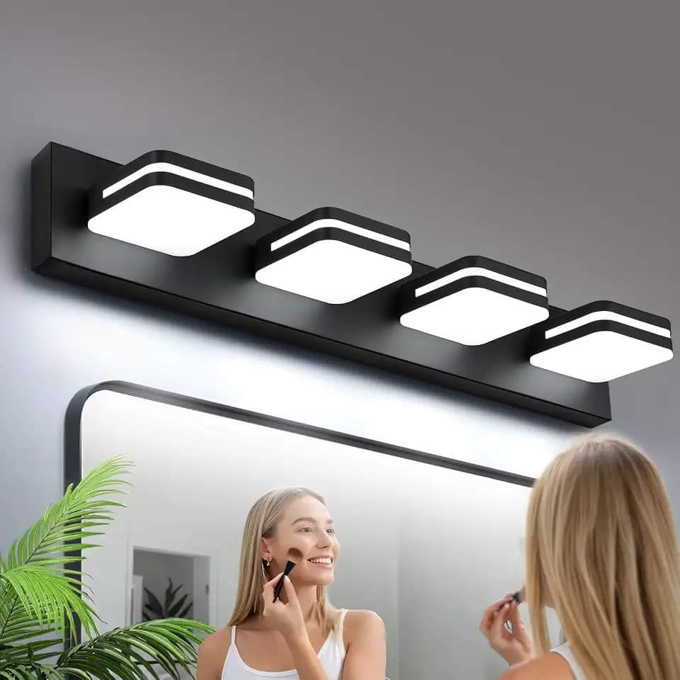 Torondo 360° Rotate LED Bathroom Vanity Light Fixtures, Acrylic Vanity Lights for Bathroom, Modern Wall Lighting Fixtures Over Mirror Living, Matte Black, Natural White, 4-Light, 27-Inch