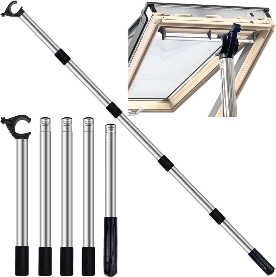 Fensterstangenöffner, 1,86 m Teleskopstange für Dachfenster und Jalousien, kompatibel mit Velux GGL & GGU Skylight Dachfenstern, Edelstahl Mehrteiliger Sky Light Fensterstangenöffner mit Haken