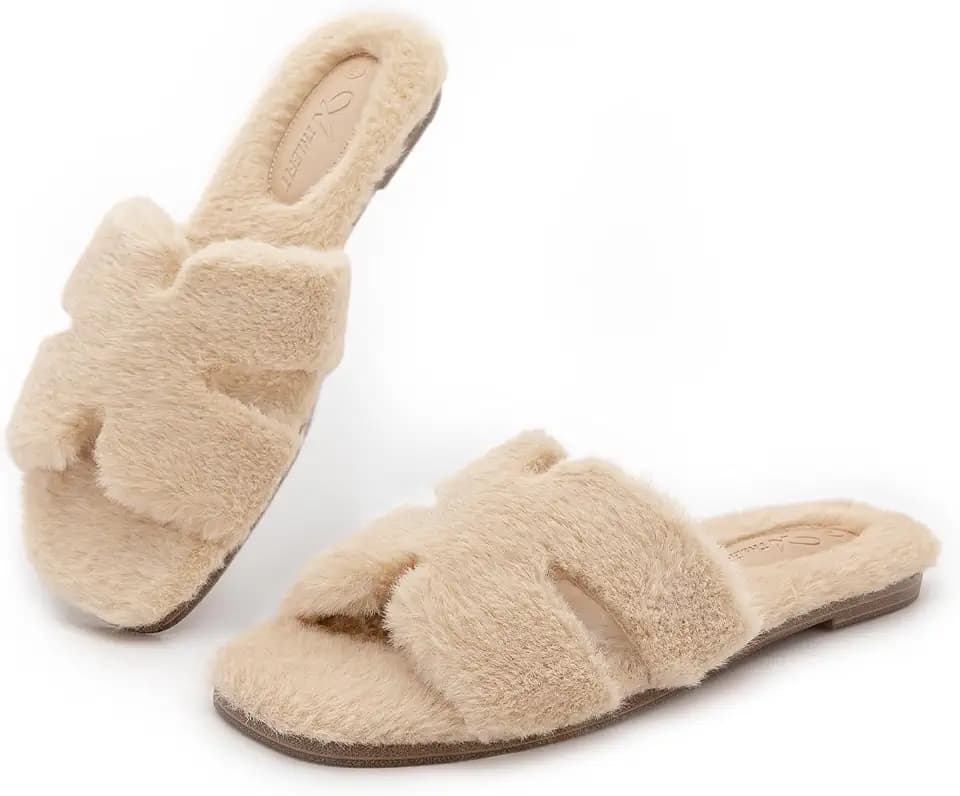 Athlefit Fuzzy Slippers for Women Open Toe Indoor House Slippers for Women