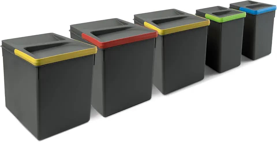 Emuca - Küchenschubladenbehälter mit geruchsdichtem Deckel, H 266 mm (3 x 15 L + 2 x7 L), Kunststoff anthrazitgrau