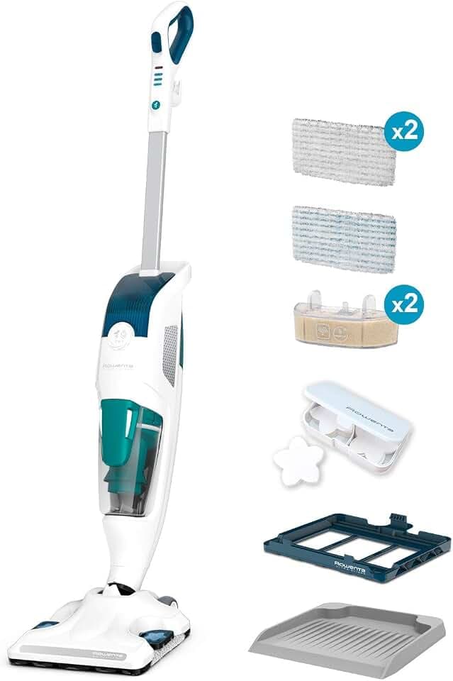 Rowenta Bodendampfreiniger Clean & Steam Revolution, 2 in 1 Reingung Saugen und Dampfen, Diffusor für ätherische Öle, alle Bodenarten, Anti-Kalk-Kartusche, Weiß-Blau, RY7757